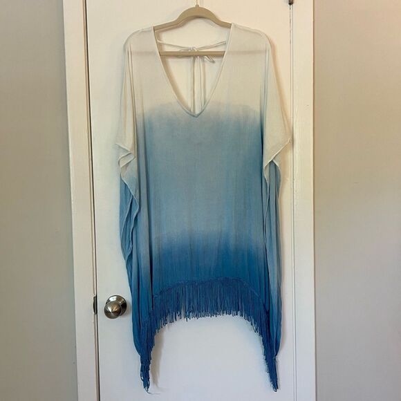 Forever 21 Cover-Up Swim Ombre White Blue Fringe M - Picture 5 of 8
